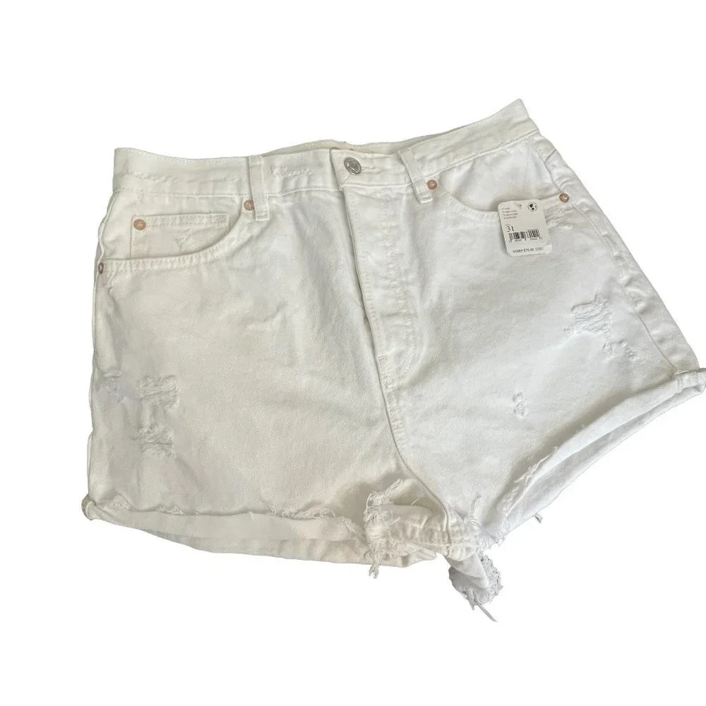 Free people lasso optic white denim jean distressed cuff raw hem shorts 31‎ NWT